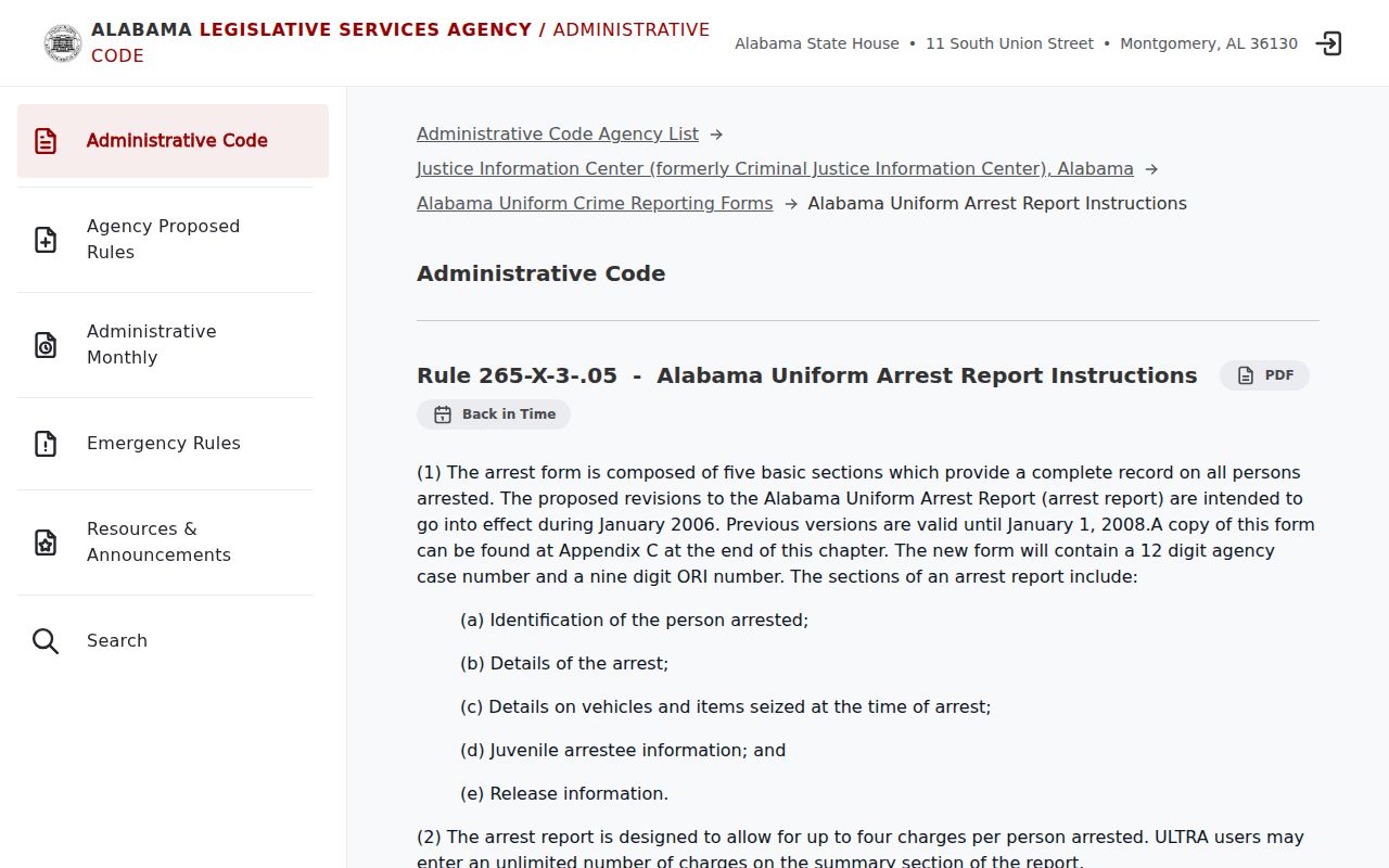Alabama Uniform Arrest Report rule used for Clarke County arrest records