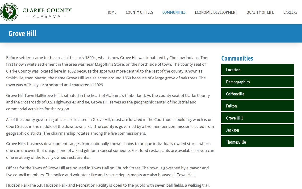 Grove Hill criminal history source on the county-hosted community page