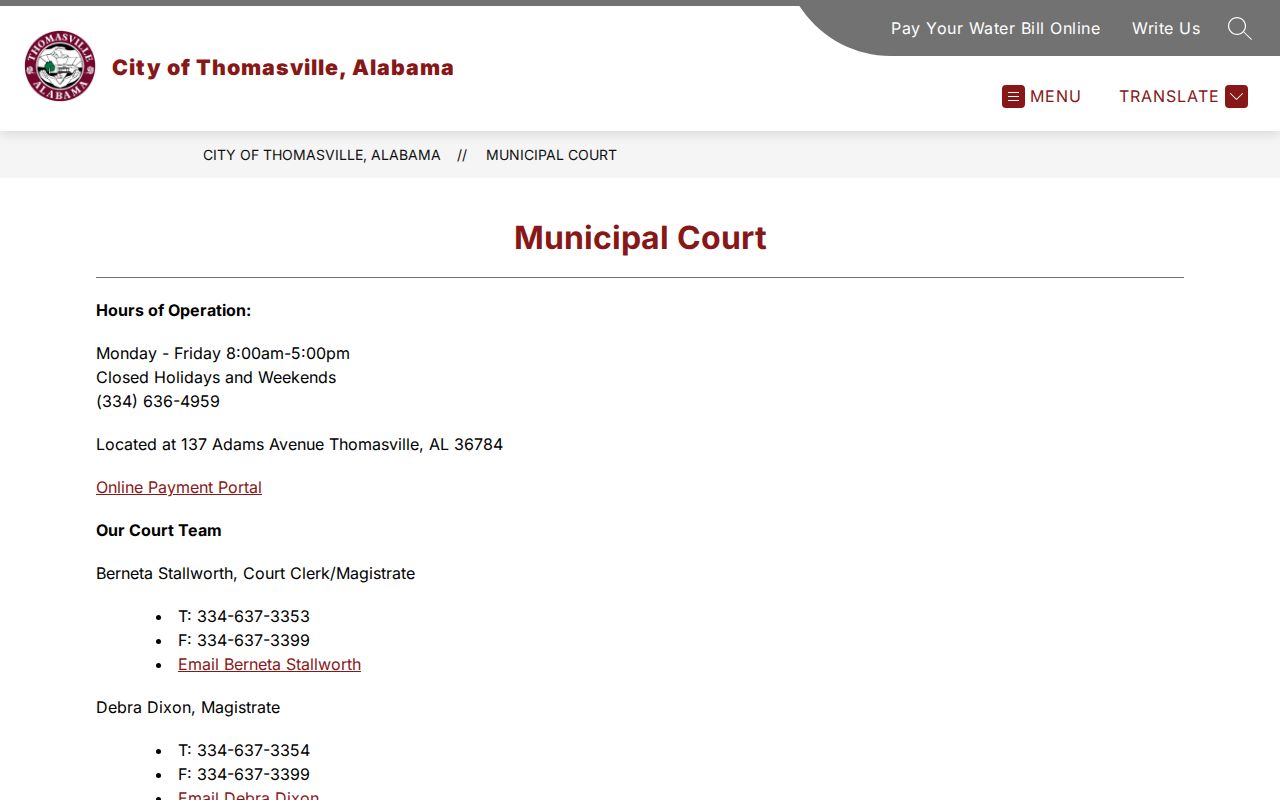 Thomasville criminal history source showing municipal court contacts and payments